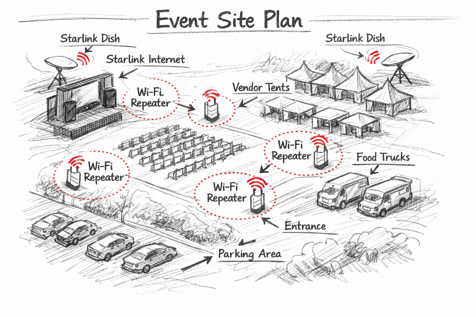 Event site plan showing Starlink dishes providing internet to Wi‑Fi repeaters across vendor tents, food trucks, entrance, and parking
