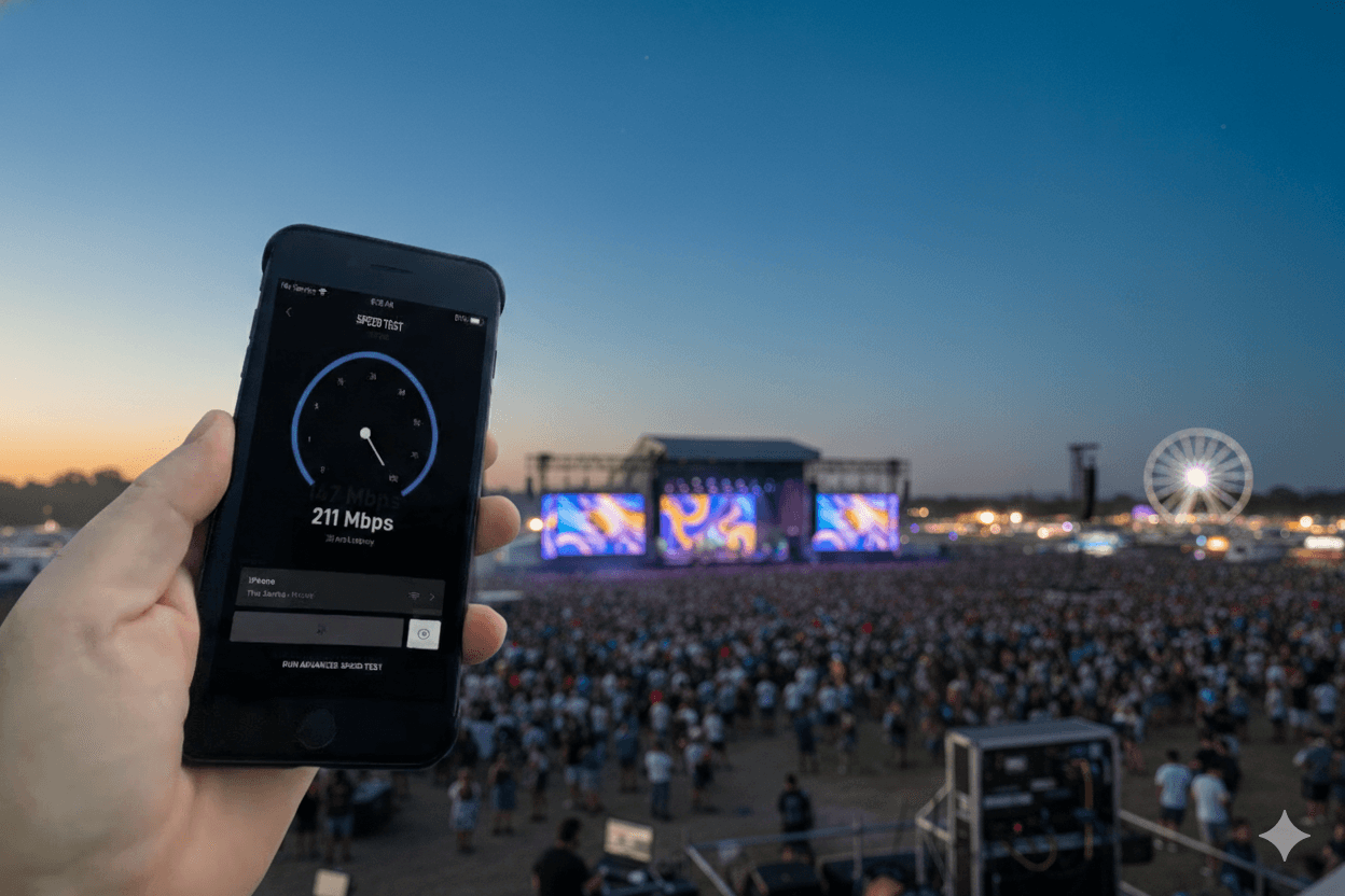 Starlink dish on a tripod providing internet at an outdoor event